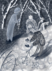 Black and white monochrome illustration. Girl draws in the snow in winter. Sadness, loneliness.