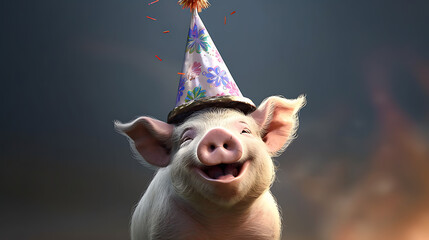 Pig wearing a birthday hat - generative AI, KI
