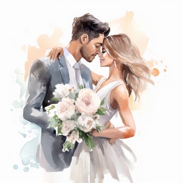 Watercolor illustration very cute wedding couple married with flowers colorful isolated on white background clip art.