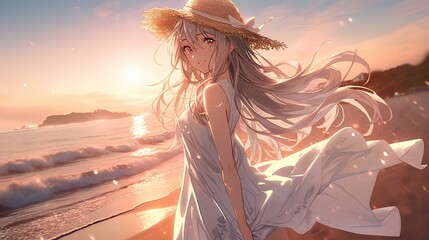 beautiful anime russian girl with long hair posing on an empty beach near the lake, japanese animation style illustration. generative AI