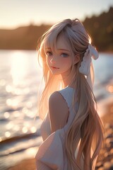 beautiful anime russian girl with long hair posing on an empty beach near the lake, japanese animation style illustration. generative AI