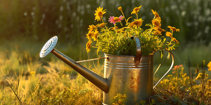 watering can in garden with flowers - generative AI, KI