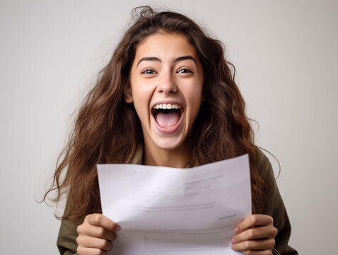
adolescente  felice e molto eccitata con in mano i risultati dei suoi esami scolastici o lettera di ammissione a univerist&agrave;, creata con ai
