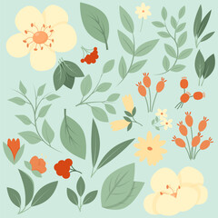 Vintage set of flowers, leaves and berries