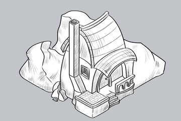 mountain house sketch concept, line art illustration