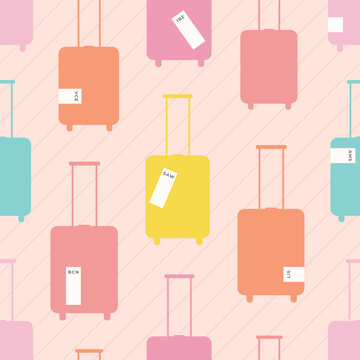 Bright vector seamless pattern with luggage, suitcase, tags, barcode with destination. Summer illustration about travel, vacation