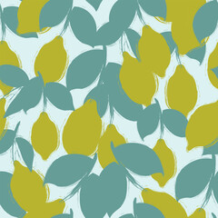 Seamless pattern with lemon and leaves on blue background.