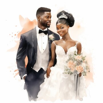 Watercolor Illustration Very Cute Wedding Black Couple Married With Flowers Colorful Isolated On White Background Clip Art.