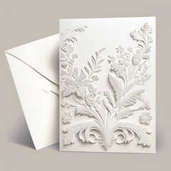 Wedding invitation 3D embossed floral ornate model render sculpture with white flowers. Wedding banner modern style. Carving art sculpture, wood, and flower carving.