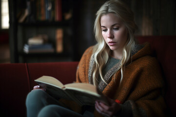 Blonde woman reading a book at home. Generative Ai