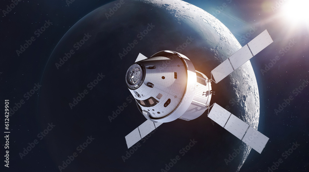 Poster Spaceship  with astronauts on orbit of Moon. Dark space. Moon surface. Artemis space crew. Elements of this image furnished by NASA