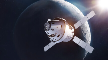 Spaceship  with astronauts on orbit of Moon. Dark space. Moon surface. Artemis space crew. Elements...