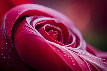 A dew-covered rose petal: Describe the intricate patterns of water droplets on the velvety surface of a deep red rose petal. Capture the delicate curves, the play of light