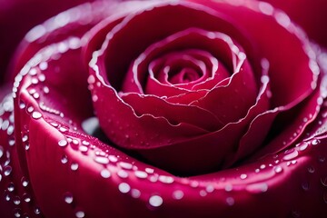 A dew-covered rose petal: Describe the intricate patterns of water droplets on the velvety surface of a deep red rose petal. Capture the delicate curves, the play of light