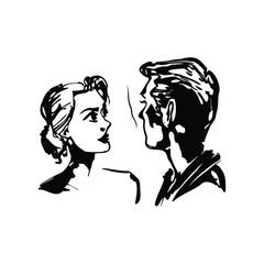 black and white continuous line drawing of two people talking, Minimalist black linear sketch isolated on white background. Vector illustration, outine
