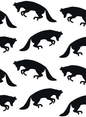 Vector seamless pattern of flat hand drawn jumping fox silhouette isolated on white background