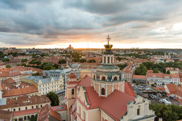 Fototapeta premium Aerial view of Vilnius Old Town, one of the largest surviving medieval old towns in Northern Europe. Landscape of UNESCO-inscribed Old Town of Vilnius, Lithuania