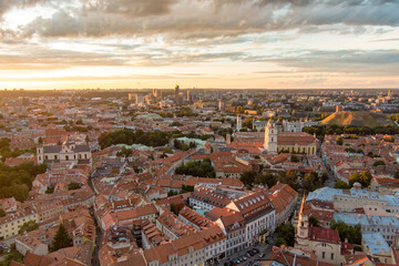 Aerial view of Vilnius Old Town, one of the largest surviving medieval old towns in Northern Europe. Landscape of UNESCO-inscribed Old Town of Vilnius, Lithuania