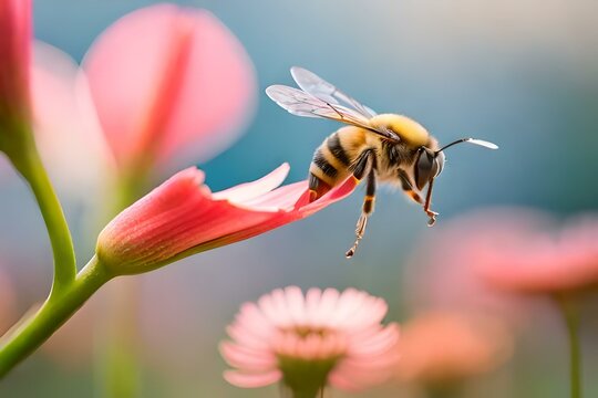 A honeybee collecting nectar: Paint a vivid picture of a honeybee delicately hovering over a flower, its fuzzy body and translucent wings visible up close. Describe the way it dips 