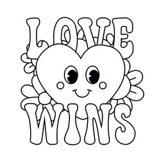 Vector retro groovy heart and love wins lettering isolated on white background