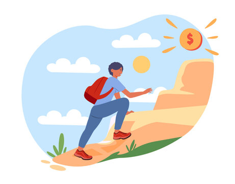 Boy goes to top concept. Teenager with backpack climbs up hills with gold coin. Motivation and leadership. Entrepreneurship and start up, business project. Cartoon flat vector illustration