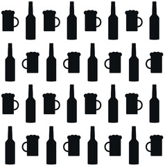 Vector seamless pattern of flat beer bottle and glass silhouette isolated on white background