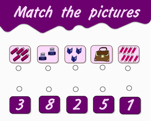 Additional education. Math kids activity sheet with pictures of school subjects