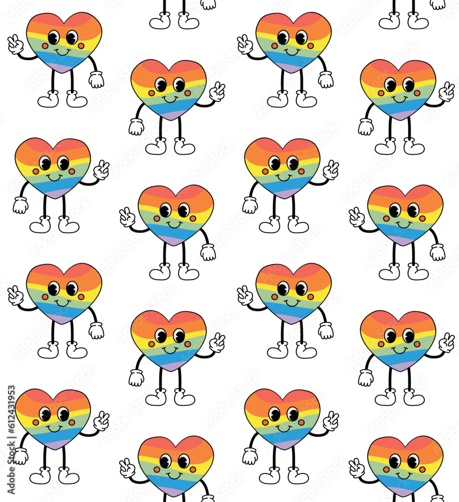 Poster Vector seamless pattern of retro groovy cartoon lgbt heart isolated on white background