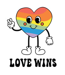 Vector retro groovy cartoon lgbt heart and love wins lettering isolated on white background