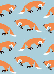 Vector seamless pattern of flat hand drawn jumping fox isolated on blue background