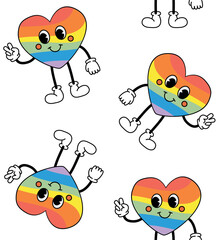 Vector seamless pattern of retro groovy cartoon lgbt heart isolated on white background