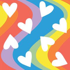 Vector seamless pattern of hearts isolated on groovy wavy lgbt flag rainbow