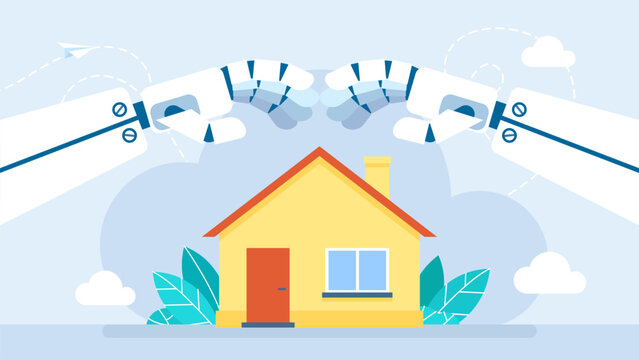 House Insurance. Artificial intelligence for property protection. Robot arms form a roof over the house. Automatic robotic protection system. Housing insurance. Flat vector illustration