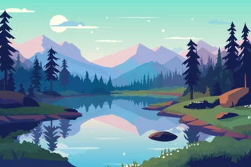 Fotobehang Beautiful landscape vector illustration. Stunning landscape of a mountain lake at sunset. Moonrise over the forest, mountains and a wonderful lake. Beautiful landscape for printing. © LoveSan