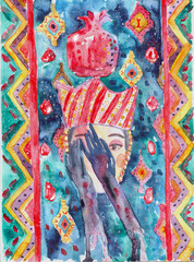 Watercolor hand drawn illustration of a woman in a red crown covering her face with her hands. Pomegranates and patterns on a blue background.
