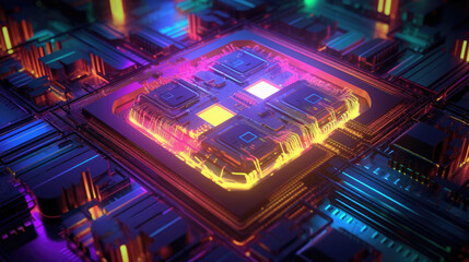 3D rainbow multi colored Processor CPU on a circuit board