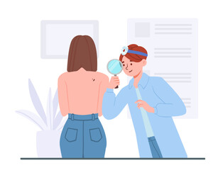 Fototapeta premium Girl with melanoma at hospital concept. Doctor with magnifying glass examines cuts on back of young girl. Patient with skin problem visited dermatologist. Cartoon flat vector illustration