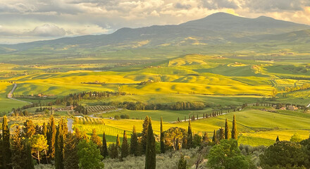 Beautiful scenery of golden sunset over Val d'Orcia in Tuscany, Italy