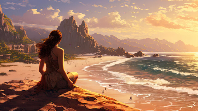 Illustration of a beautiful girl sitting on a rock / cliff watching a sunset over a beach