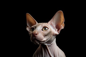 Cute White Hairless Felino: Generative Portrait of a Domestic Sphynx Cat Isolated on a Black Background, Generative AI