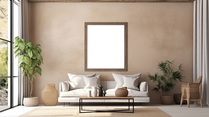 Fototapeta na wymiar Cozy Home Decor: Empty Frame Enhances Farmhouse Living Room Interior. Generative AI