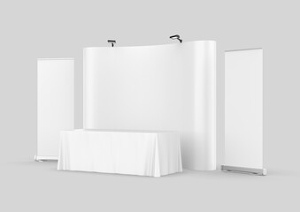 Exhibition Tension Fabric Display Banner Stand Backdrop for trade show advertising stand with LED OR Halogen Light with standees and table counter. 3d render illustration.