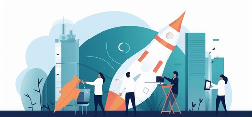 Start up. Cooperation. Teamwork. The team prepares the launch of the project. Business  concept illustration, Generative AI