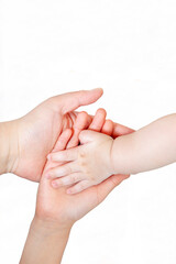 白背景の前で重ねる赤ちゃんと大人の手。家族、愛情イメージ