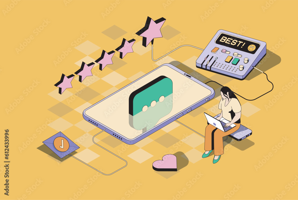 Aufkleber best feedback concept in 3d isometric design. woman customer leaving reviews and comments, evaluatin