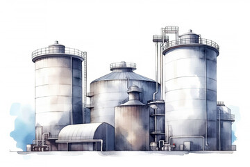 Obraz premium Watercolor drawing paint of industry zone, refinery power plant energy station for stored, petrochemical industrial, factory food processing plant isolated on white background, with Generative AI.