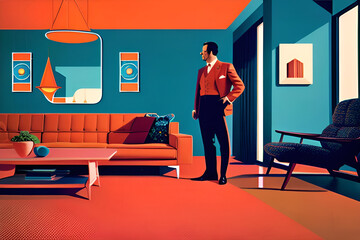 Man standing in a mid century modern living room.