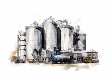 Obraz premium Watercolor drawing paint of industry zone, refinery power plant energy station for stored, petrochemical industrial, factory food processing plant isolated on white background, with Generative AI.