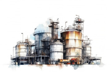 Watercolor drawing paint of industry zone, refinery power plant energy station for stored, petrochemical industrial, factory food processing plant isolated on white background, with Generative AI.