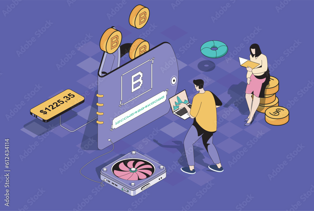 Wall mural Bitcoin wallet concept in 3d isometric design. Man and woman mining cryptocurrencies, buying or selling virtual money, earning profit. Vector illustration with isometry people scene for web graphic